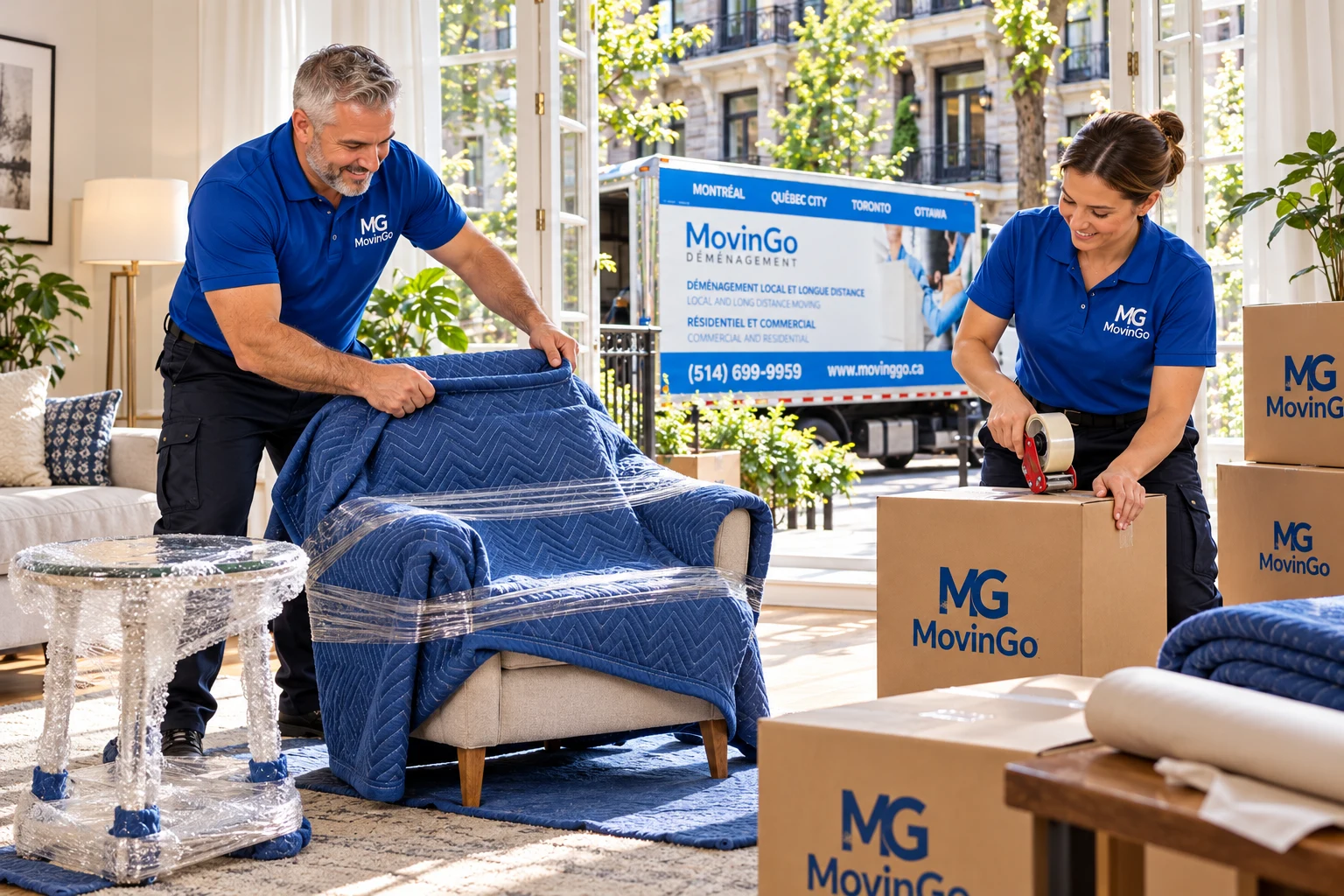 Image illustrative d’une équipe MovinGo protégeant un fauteuil et fermant des cartons de la marque dans un appartement montréalais