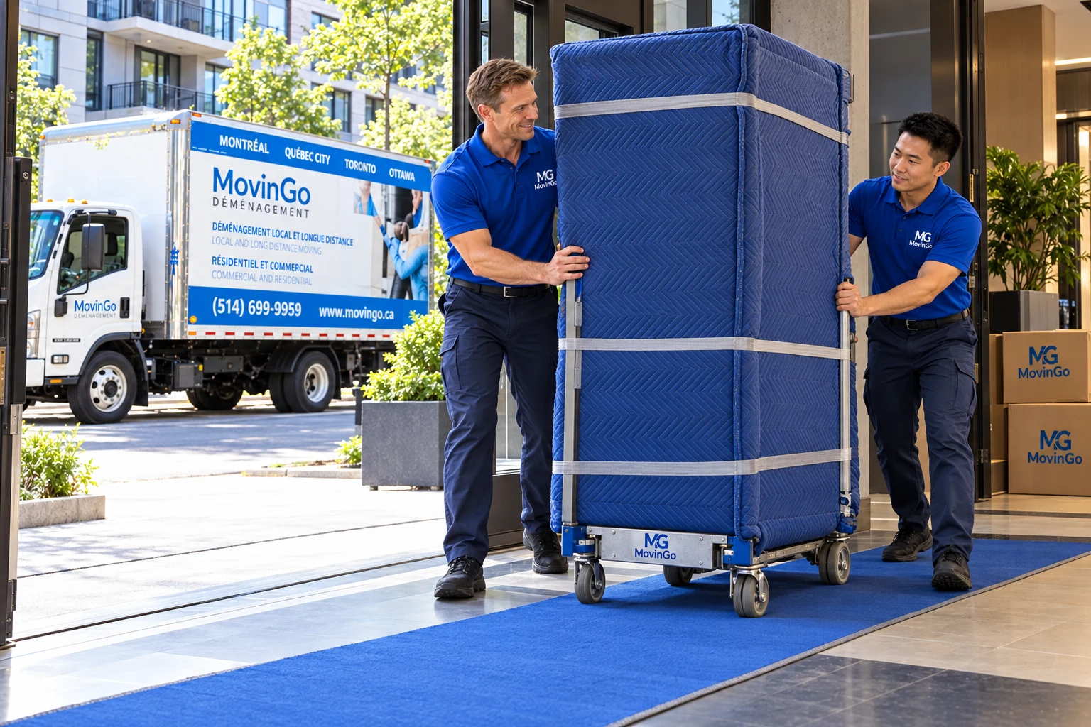 Image illustrative de déménageurs MovinGo guidant une armoire protégée à l’entrée de service d’un condo montréalais