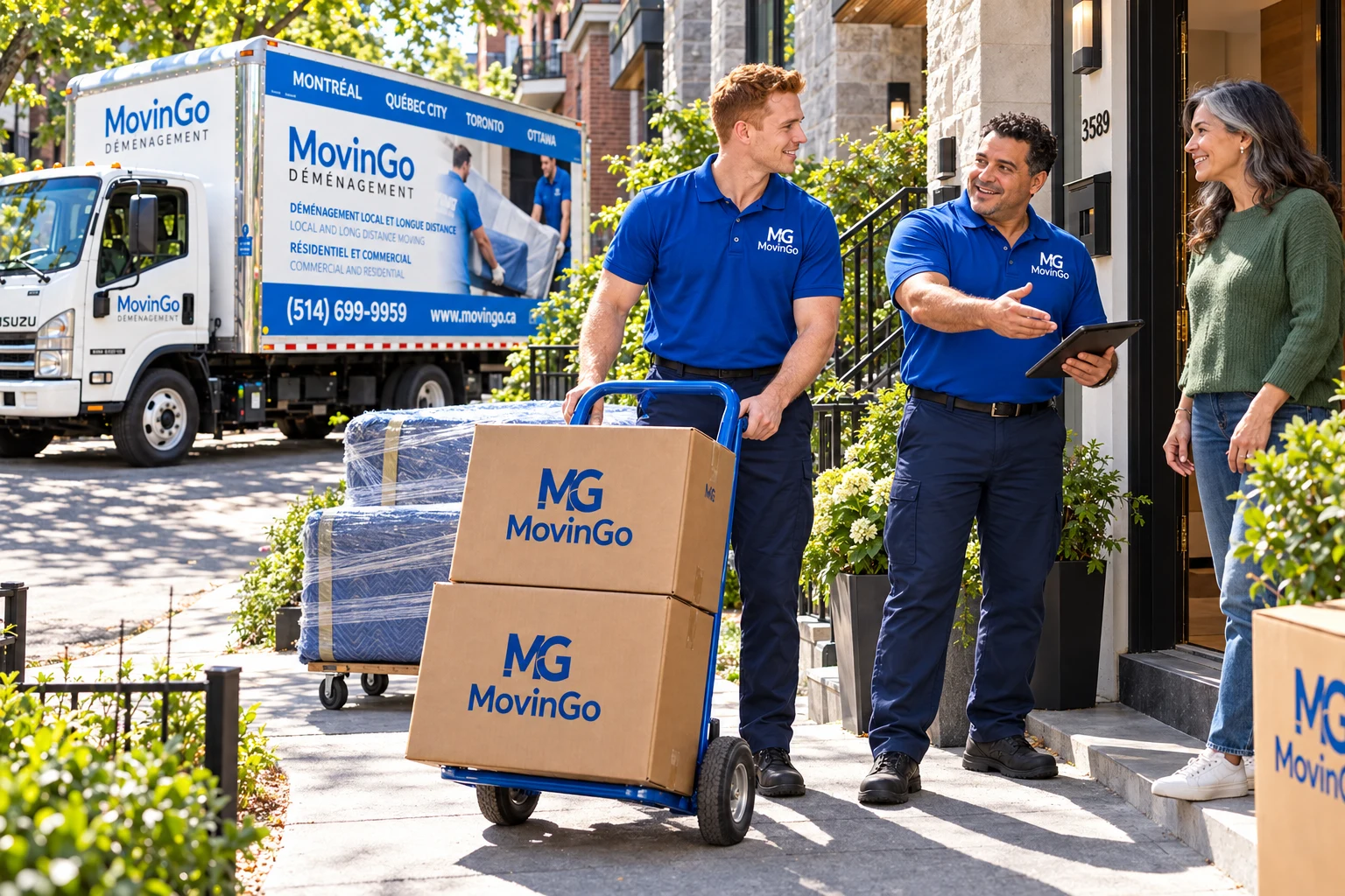 Image illustrative de déménageurs MovinGo coordonnant la livraison de boîtes avec une propriétaire près du camion de l’entreprise à Montréal