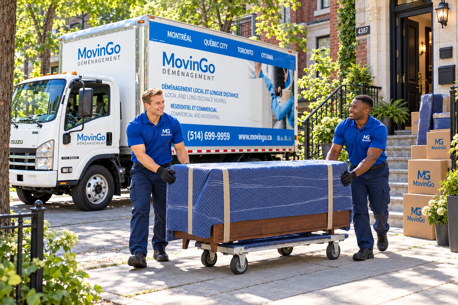 Image illustrative de deux déménageurs MovinGo guidant un buffet protégé sur un chariot près d’un camion de la marque à Montréal