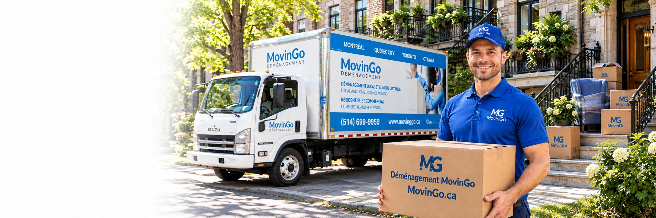 Image illustrative d’un déménageur MovinGo portant une boîte de la marque près d’un camion aux couleurs de l’entreprise dans un quartier montréalais