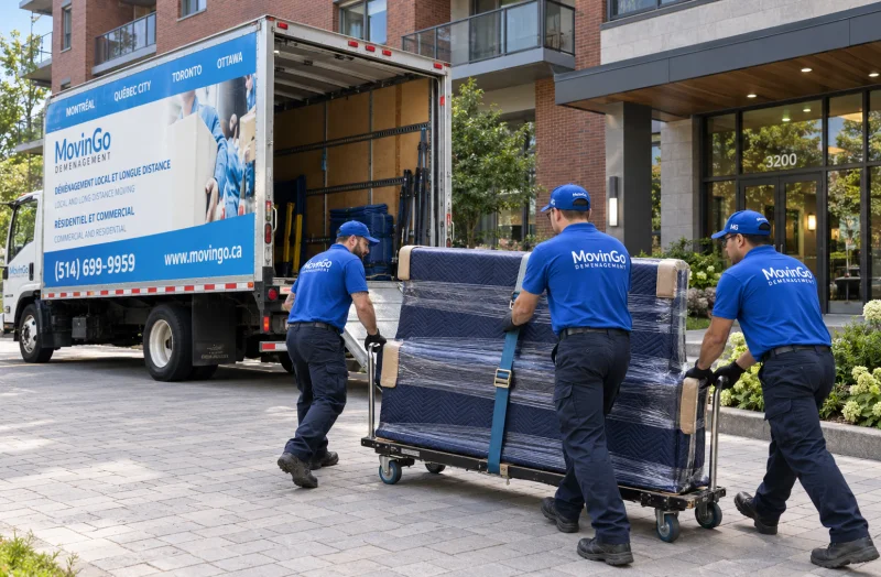 Trois déménageurs MovinGo guidant un piano droit emballé sur un chariot vers le camion