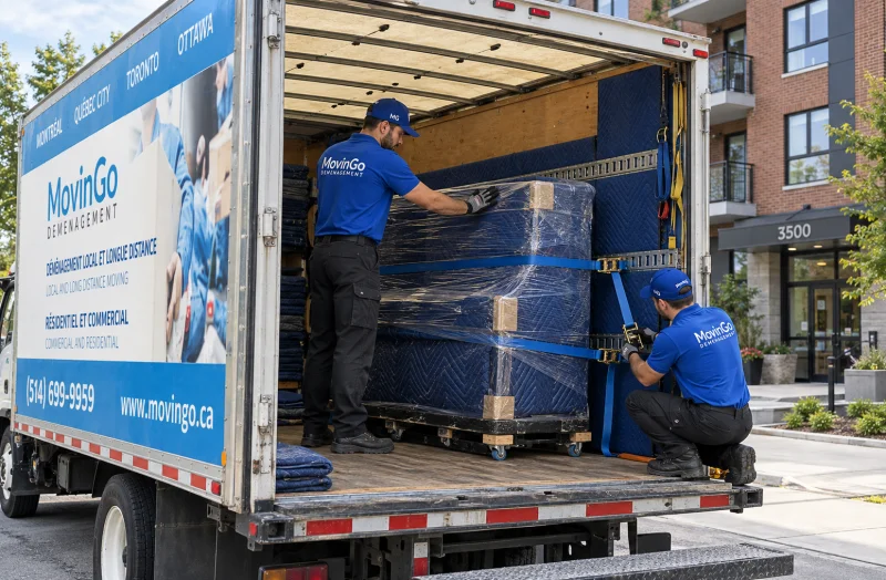 Deux déménageurs MovinGo arrimant avec des sangles un piano droit protégé par des couvertures dans le camion