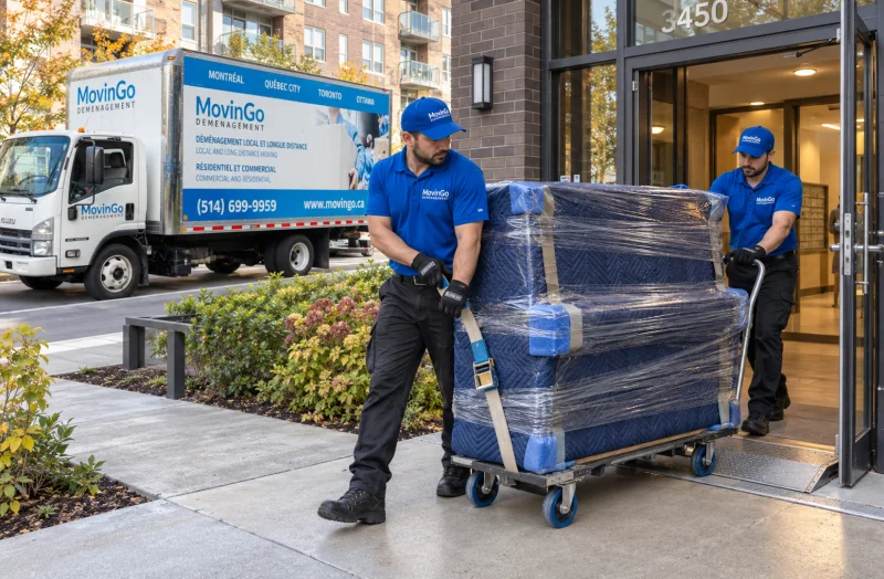 Deux déménageurs MovinGo faisant passer un piano droit emballé sur un chariot à roulettes par une entrée d’immeuble
