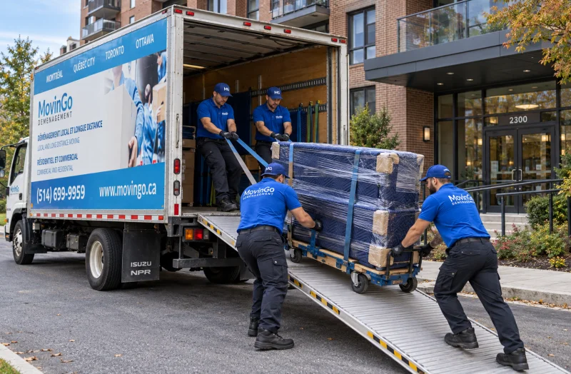 Déménageurs MovinGo contrôlant un piano droit emballé sur son chariot le long de la rampe du camion