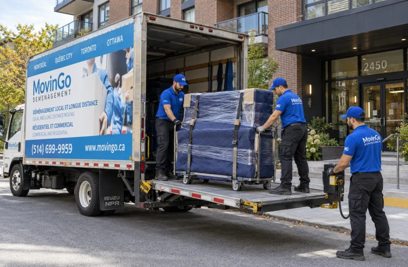 Équipe MovinGo positionnant un piano droit emballé sur la plateforme élévatrice du camion