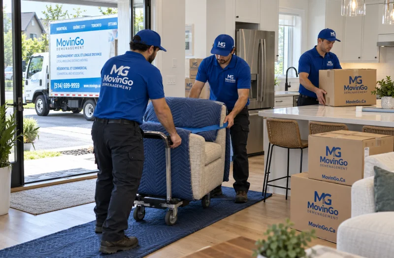 Déménageurs MovinGo guidant un fauteuil protégé sur un chariot le long de tapis de protection dans une maison