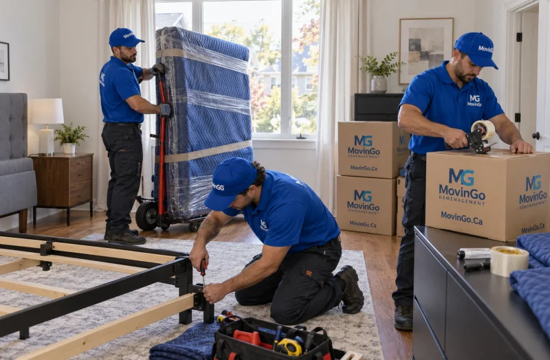 Équipe MovinGo démontant un cadre de lit, fermant une boîte et manipulant un matelas emballé dans une chambre