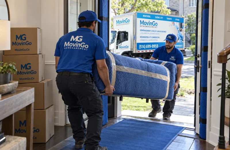 MovinGo movers carrying protected furniture through a home entrance