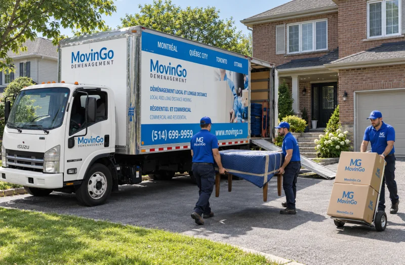 Équipe MovinGo transportant des meubles protégés et des boîtes près du camion devant une maison