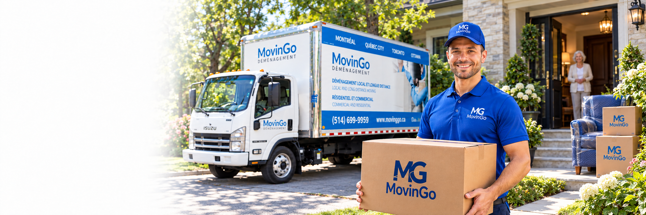 Edited image of a MovinGo mover carrying a branded box with a company truck and an older adult softly visible near a home entrance