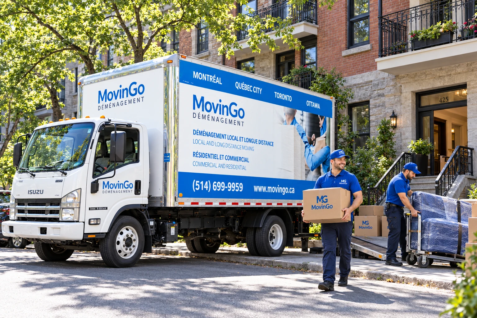 Image illustrative d’un camion MovinGo bleu et blanc et de déménageurs en uniforme devant un immeuble montréalais