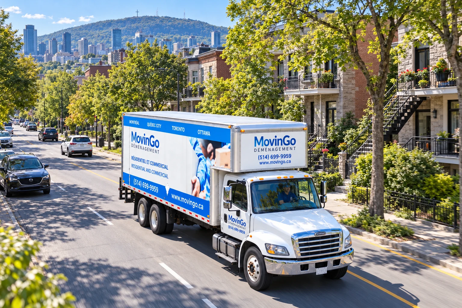 Vue aérienne illustrative d’un camion de déménagement aux couleurs de MovinGo circulant sur un boulevard montréalais