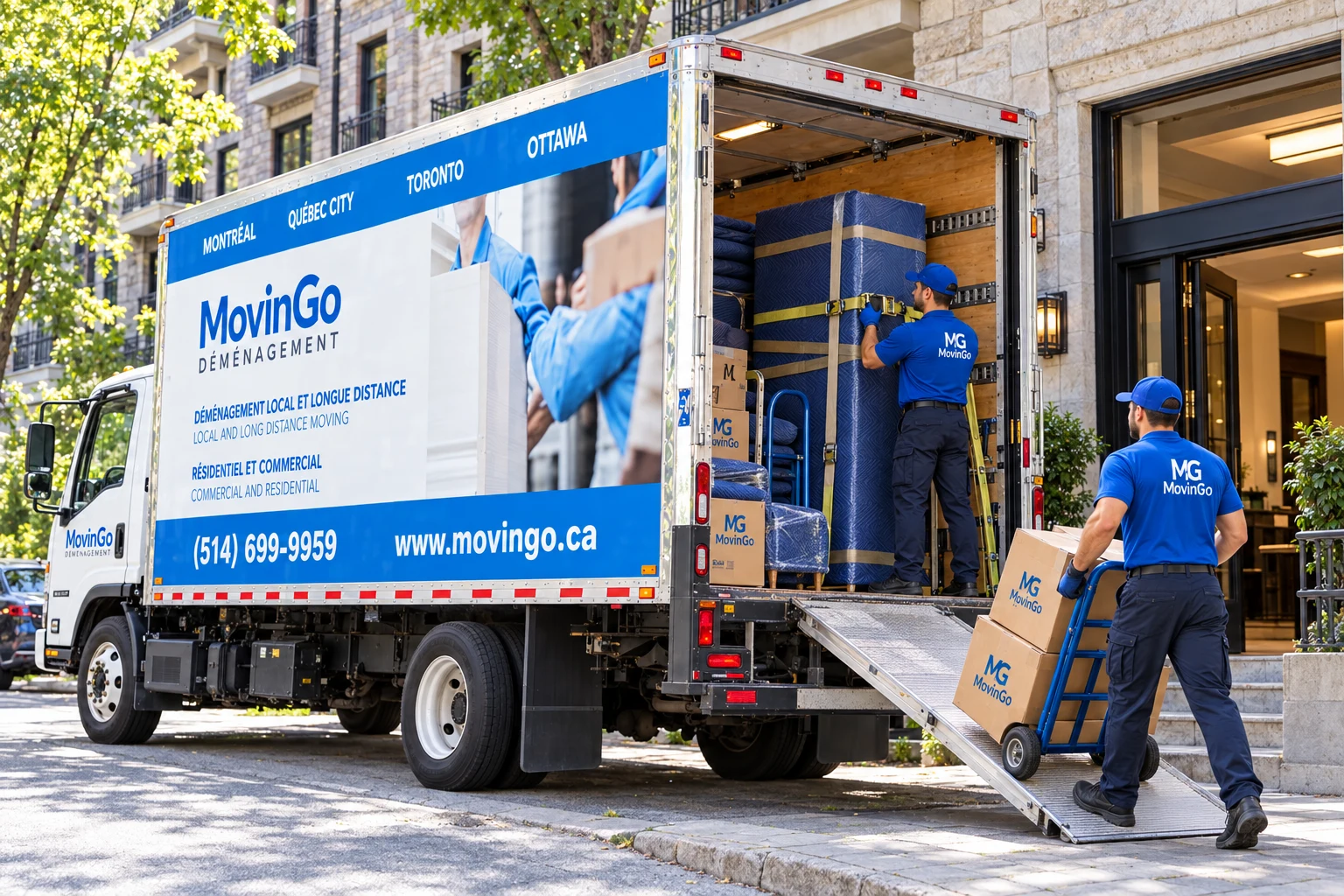 Image illustrative de déménageurs MovinGo arrimant des meubles protégés et des boîtes de la marque dans un camion de l’entreprise