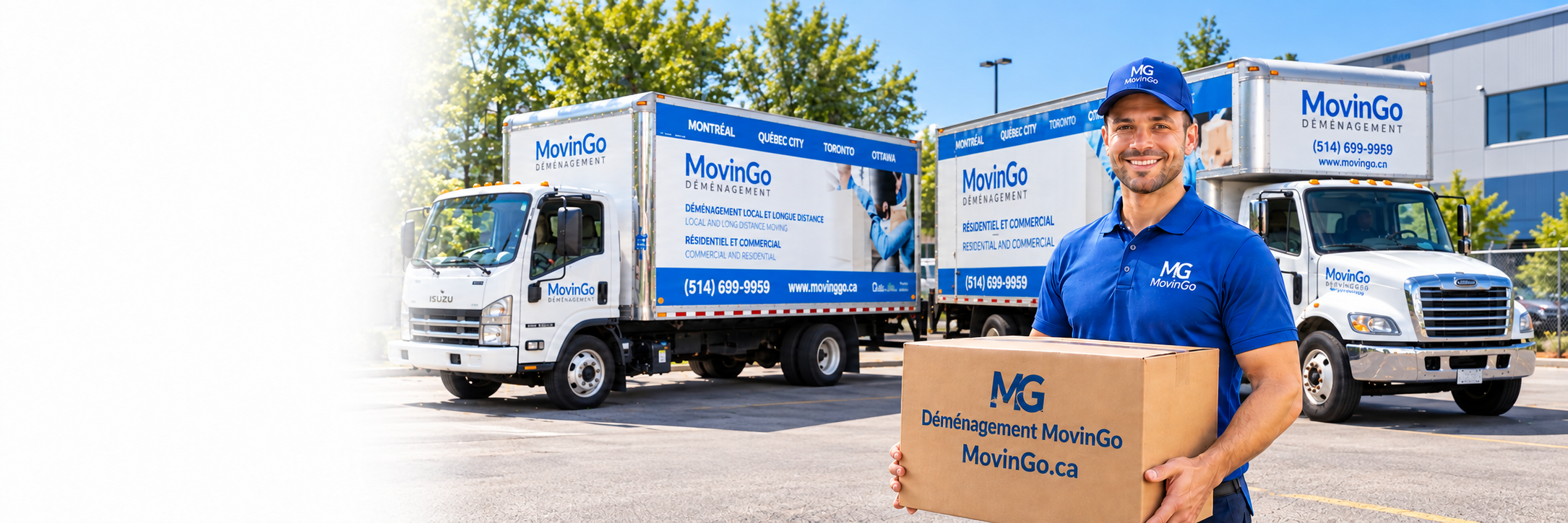 Image illustrative d’un déménageur MovinGo portant une boîte de la marque devant deux camions de déménagement aux couleurs de MovinGo à Montréal
