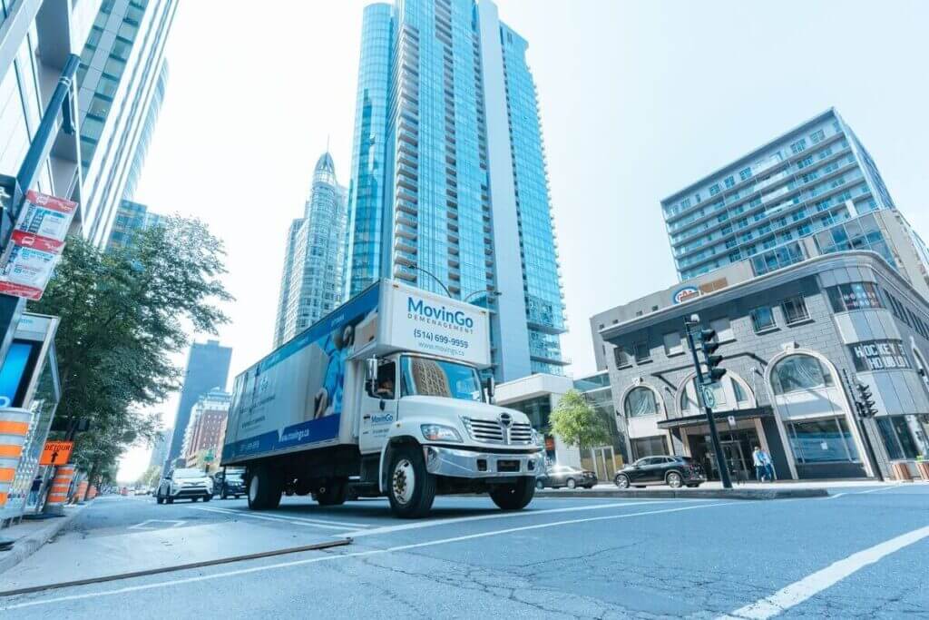 MovinGo moving truck serving downtown Montreal